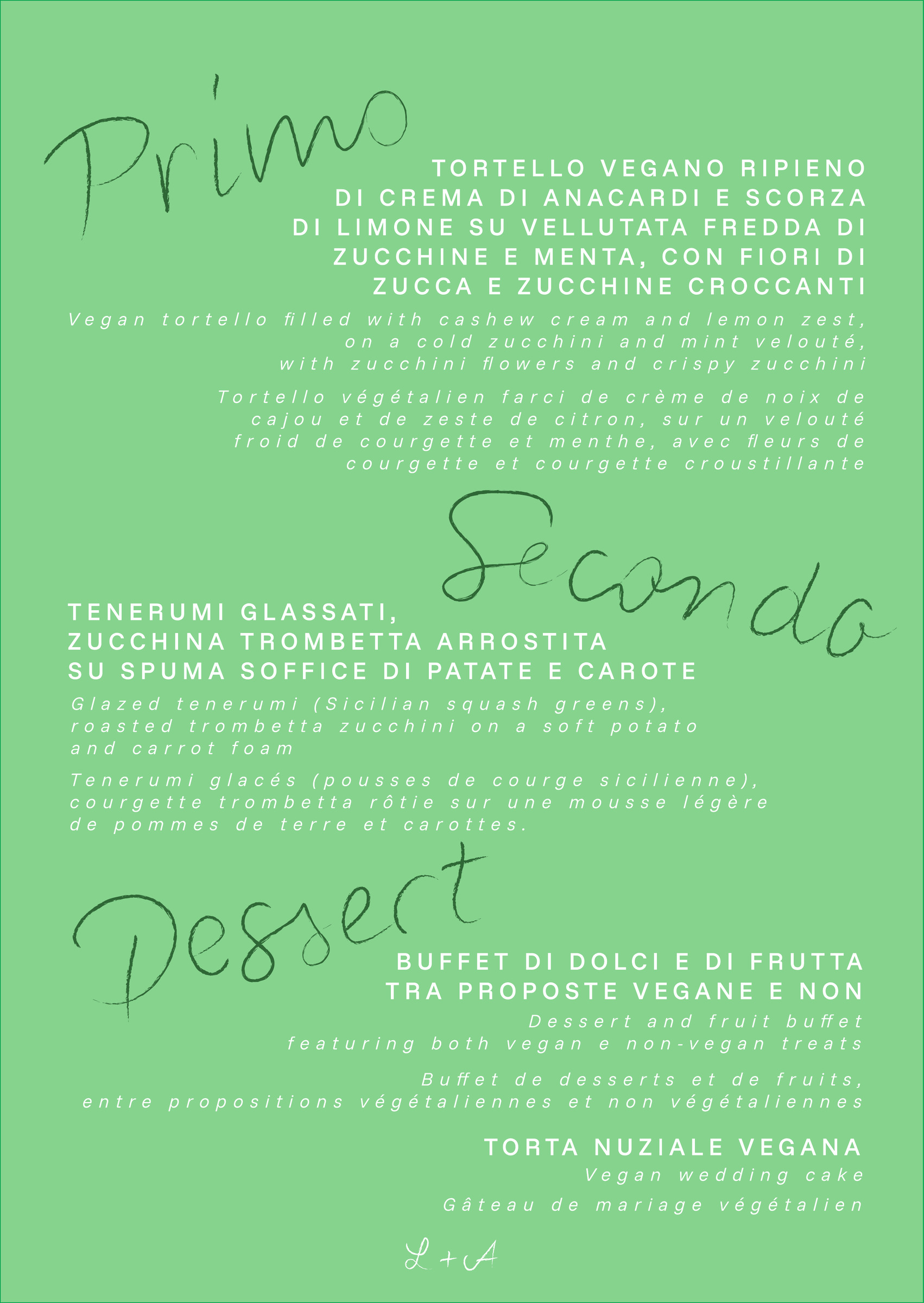 Menu, trilingual, green colourway, the vegetarian option